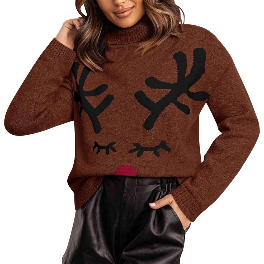 Women Christmas Sweater Knitted Turtleneck Long Sleeve Holiday Pullover